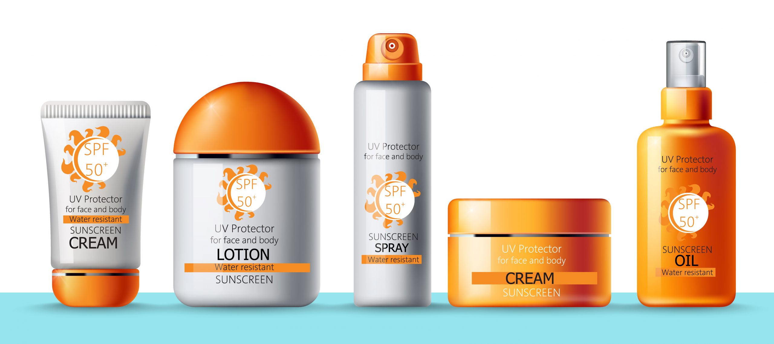 Set of sunscreen cream, lotion, spray and oil. UV protection. Water resistant. Realistic